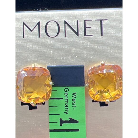 Vintage Monet Gold Citrine Glass Clip On Earrings Elegant Costume Jewelry - Picture 6 of 6